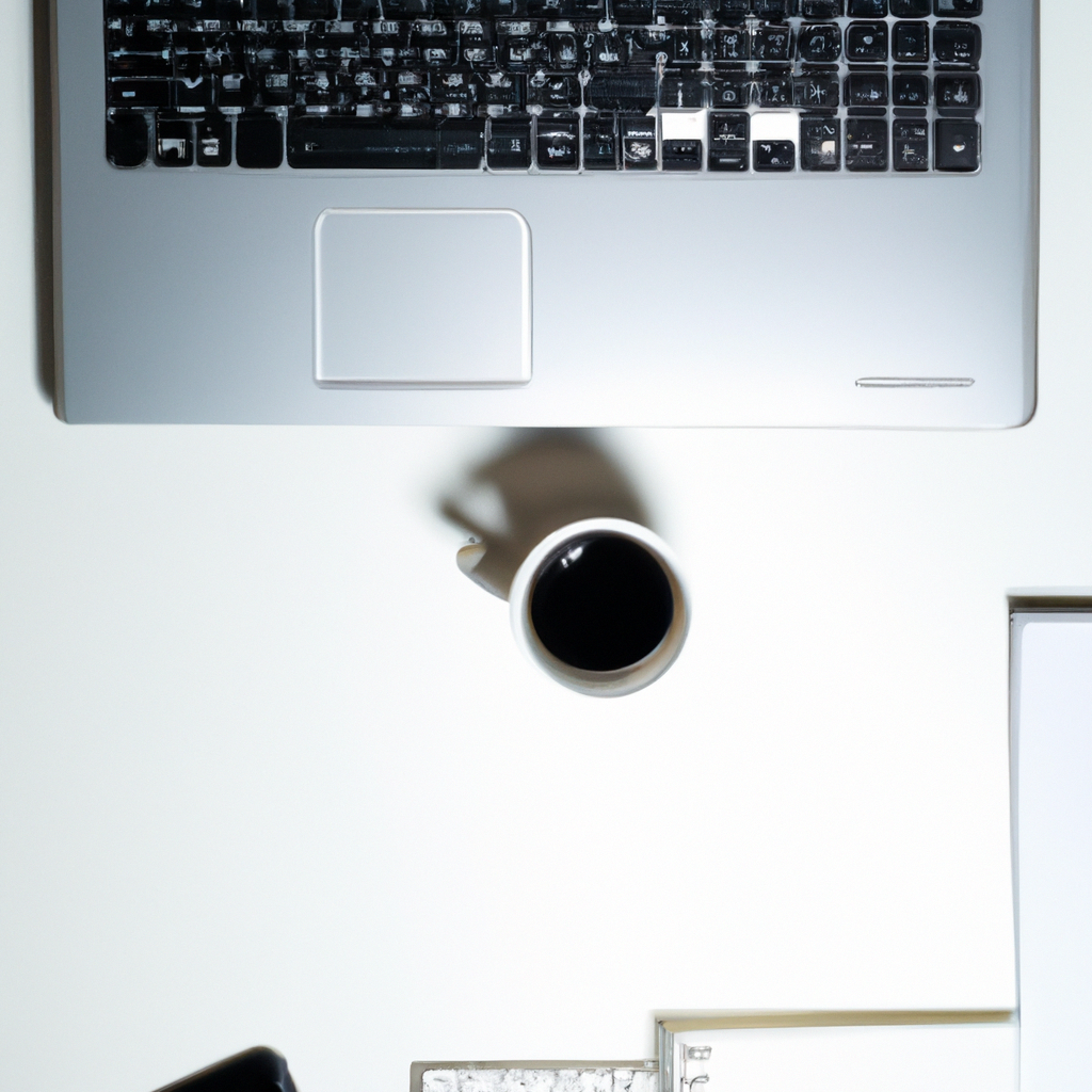 Minimalist workspace with laptop, coffee, and notebook — copywriting environment